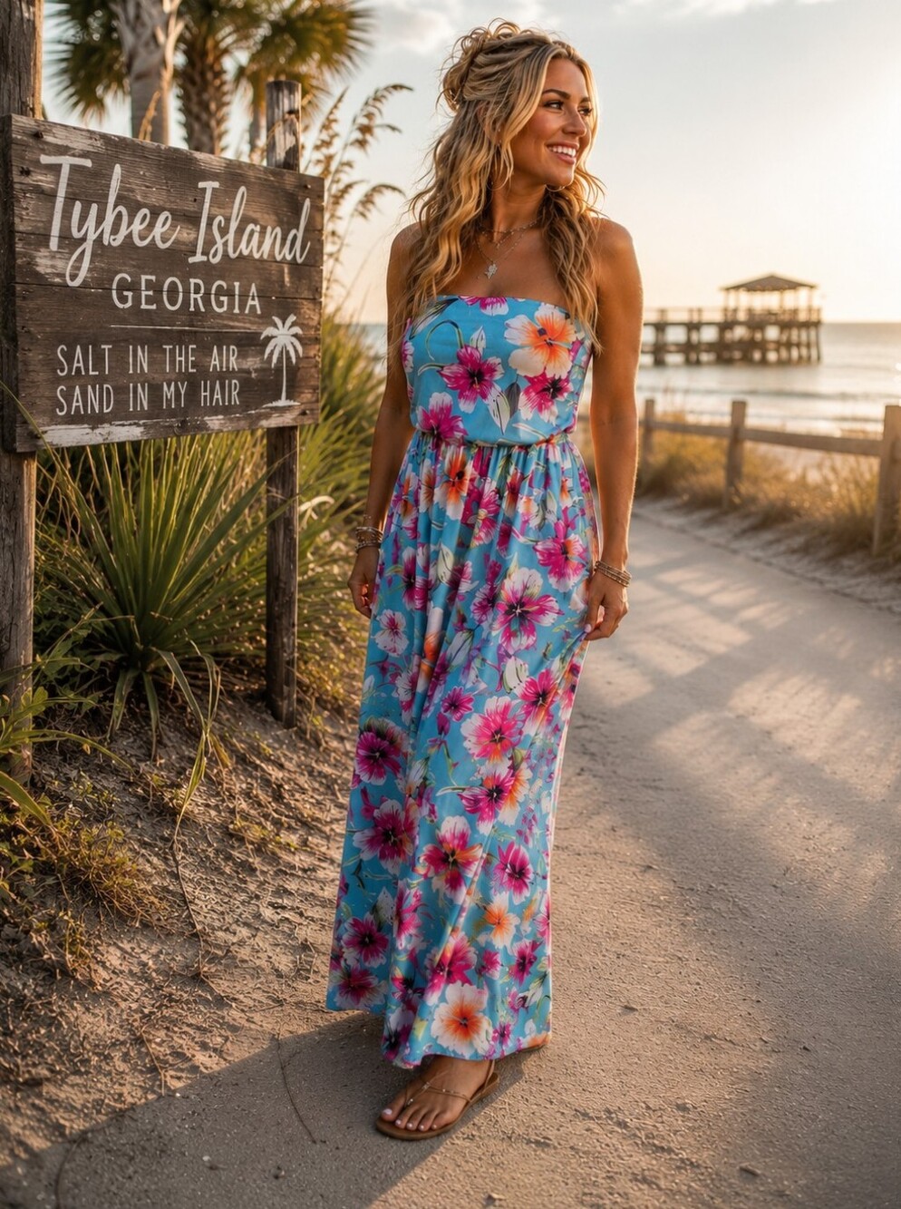 GloryStar Turquoise Tropical Floral Strapless Maxi Dress Small Beach Resort